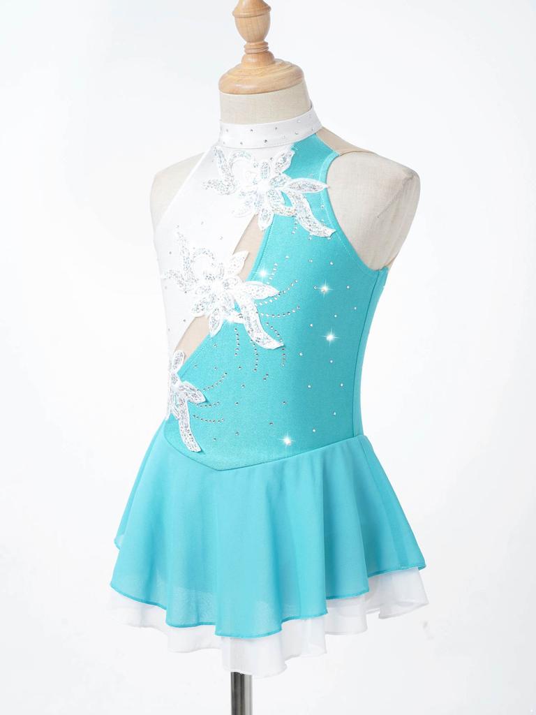 Sequin Floral Figure Ice Skating Dress Child Girls Gymnastics Leotard Ballroom Ballet Dance Costume Lyrical Performance Clothing