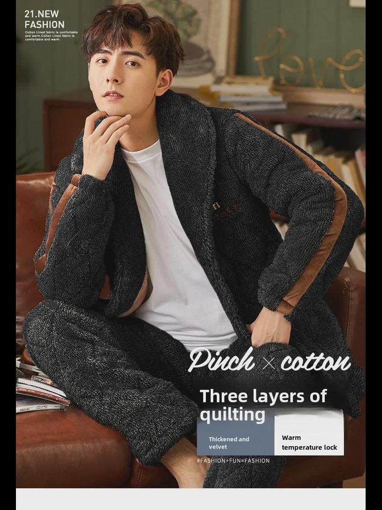 Men's Winter Hooded Quilted Pajama Set: Thick, Plush, Large Size Flannel Jacket