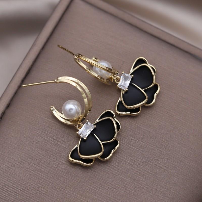 Корейский новый дизайн, модные украшения, жемчуг, циркон, черная камелия, серьги-подвески, элегантные женские повседневные рабочие аксессуары