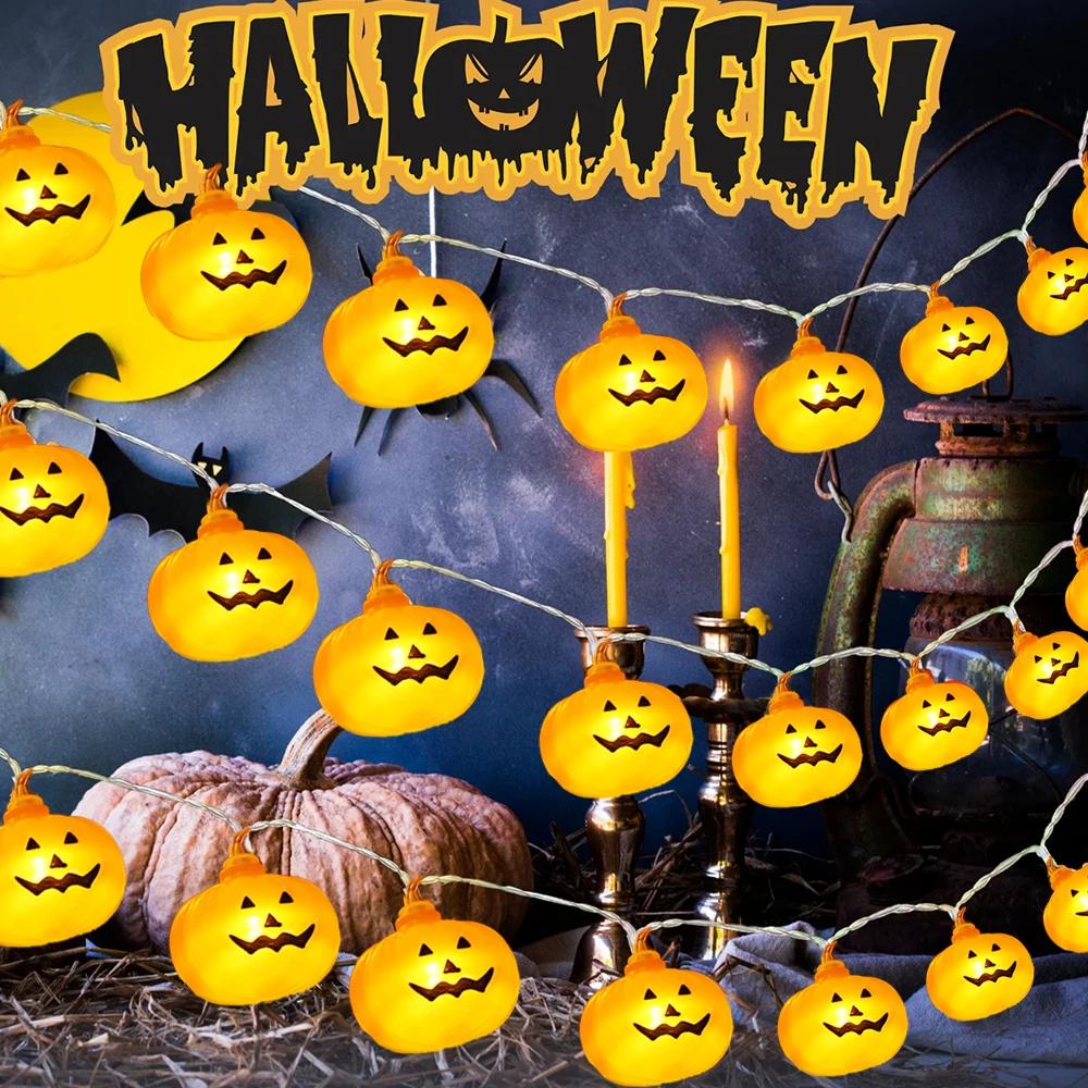 Светодиодная гирлянда-фонарик на Хэллоуин в виде тыквы, на батарейках, пластиковая, для дома, вечеринки, сада, уличная декорация