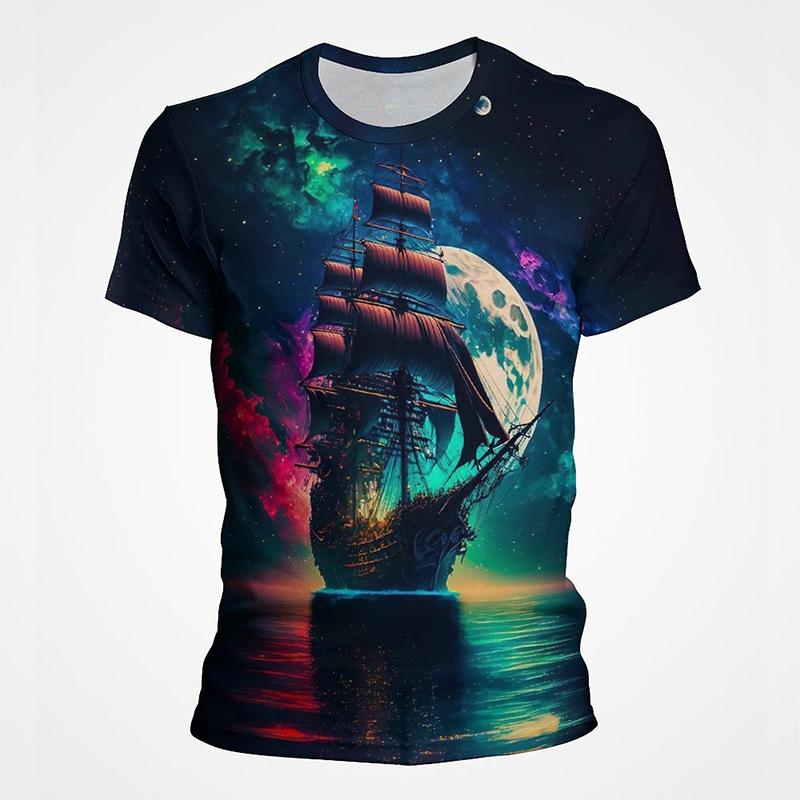 Sail Boat Pirate Ship Graphic T Shirts Men 3d Printing Short Sleeve Tee Tops Casual Mens Oversized Streetwear Tshirt Ropa Hombre