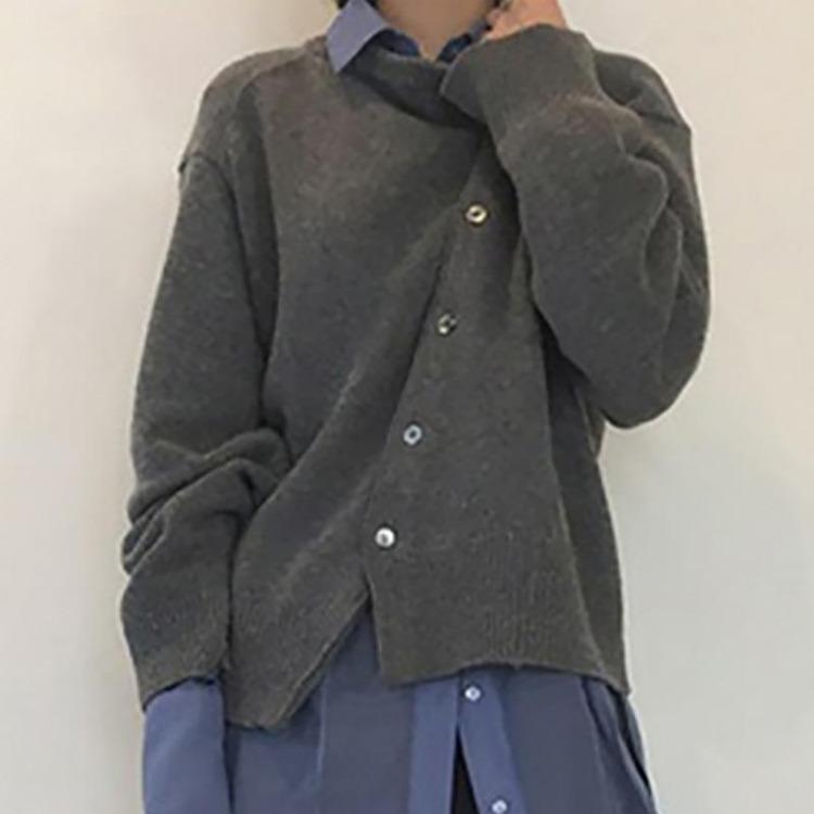 Fashion Elegant Vintage Knit Coats for Women Autumn Winter Round Neck Cardigan Sweater Jacket Irregular Oblique Button Knitted 25140