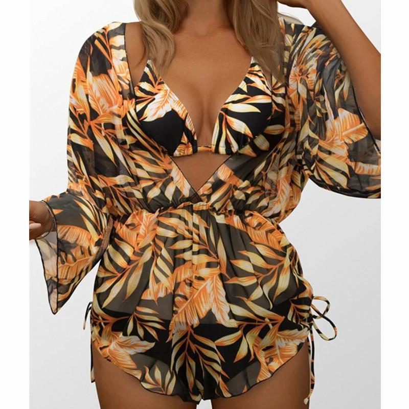 Купальник с длинным рукавом и сетчатой талией, с высокой талией, с принтом, на завязках, трехсекционный бикини