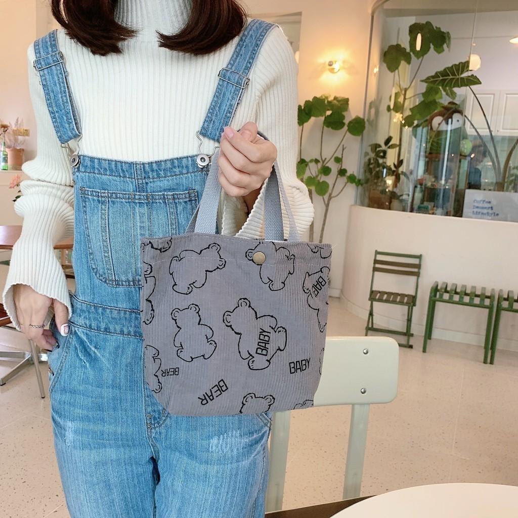 Винтажная вельветовая сумка-тоут для ланча с изображением медвежонка, портативная, большой вместимости, сумка для хранения