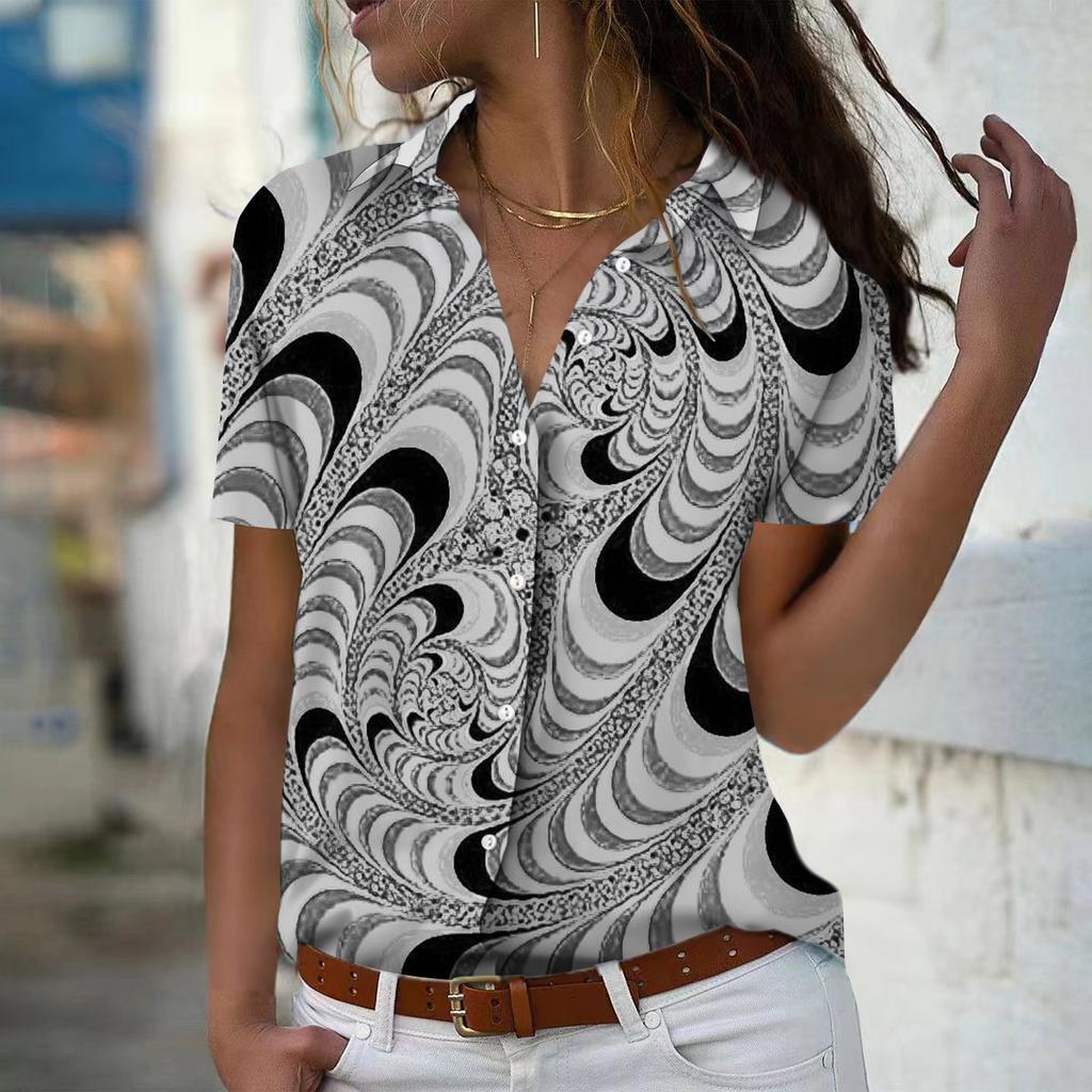 2025 Summer New Fashion Women's Retro Printed Short Sleeve V-neck Casual Button-down Shirt Top