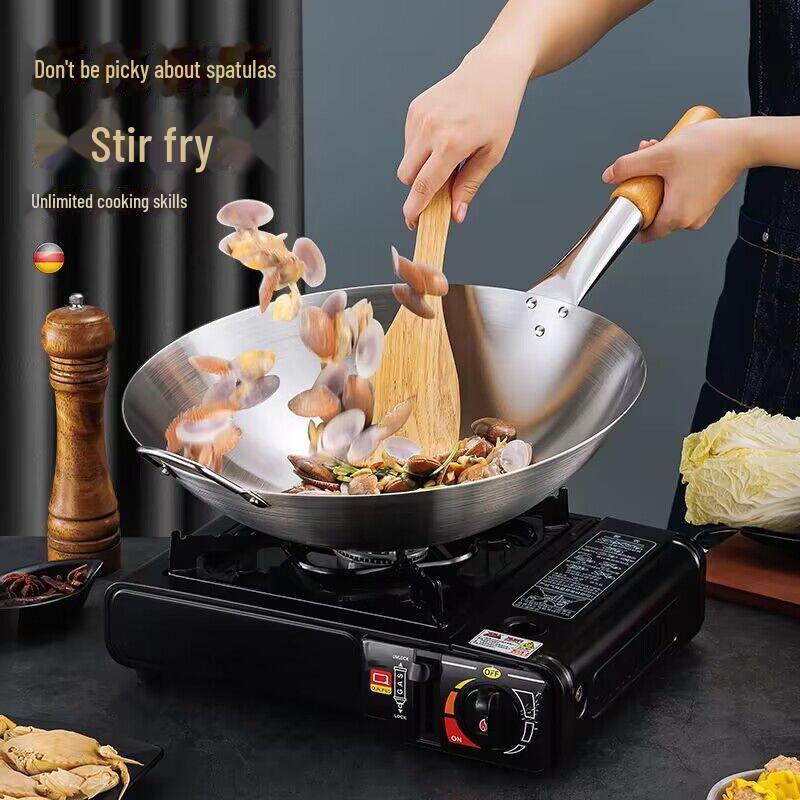 Старомодная утолщенная сковорода из нержавеющей стали с двумя ушками и деревянной ручкой для коммерческих кухонь, с антипригарным покрытием