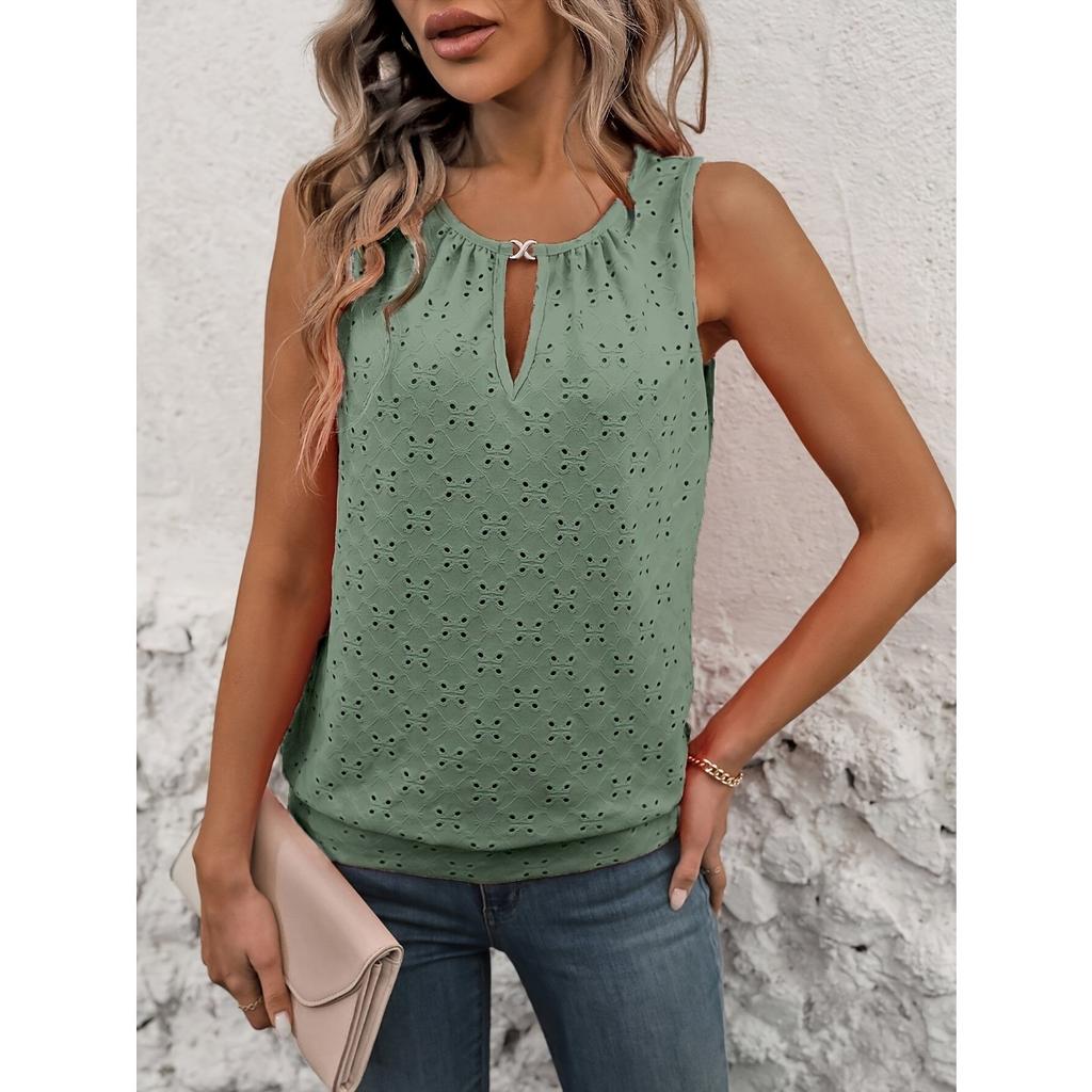 Ladies' Elegant Sleeveless Vest -Semi Transparent Round Neck Lightweight Top, Medium Stretch Casual, Sleeveless Butterfly Pattern, Non Transparent