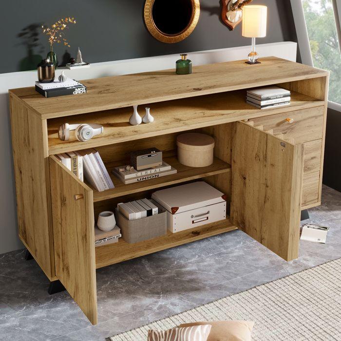 Buffet - 3 Tiroirs et 2 Portes - Meuble de Rangement - Étagère Réglable - Salon, Salle à Manger, en Chêne Foncé, 120x40x85 cm