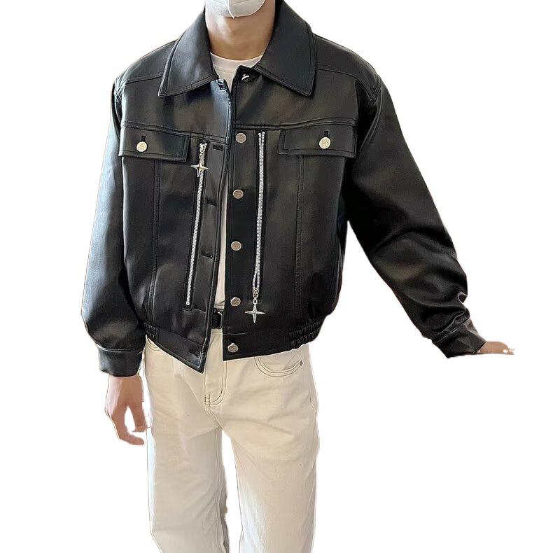 Мужская кожаная куртка в стиле ретро на весну и осень — стильная, повседневная, свободного кроя с лацканами