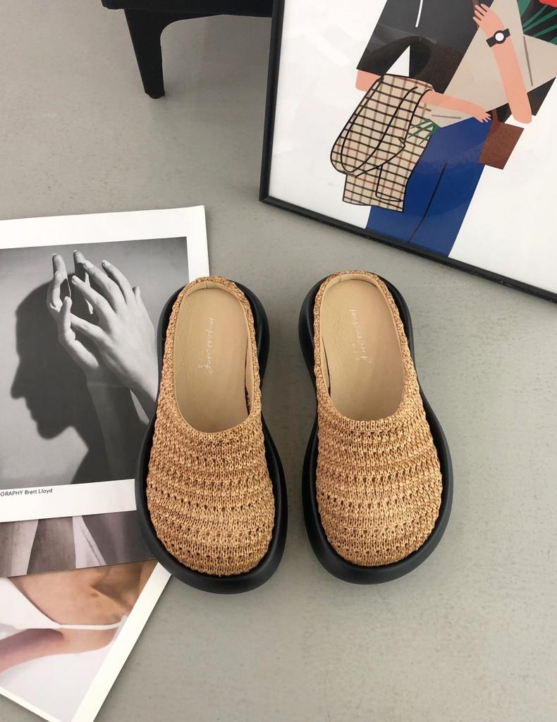 Весна и лето 2025 новые плетеные шлепанцы на толстой подошве с внутренней платформой, повседневные и универсальные женские шлепанцы