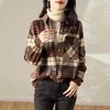 Рубашка свободного покроя из теплого бархата в клетку в стиле ретро, универсальная, с узким воротником поло и длинными рукавами