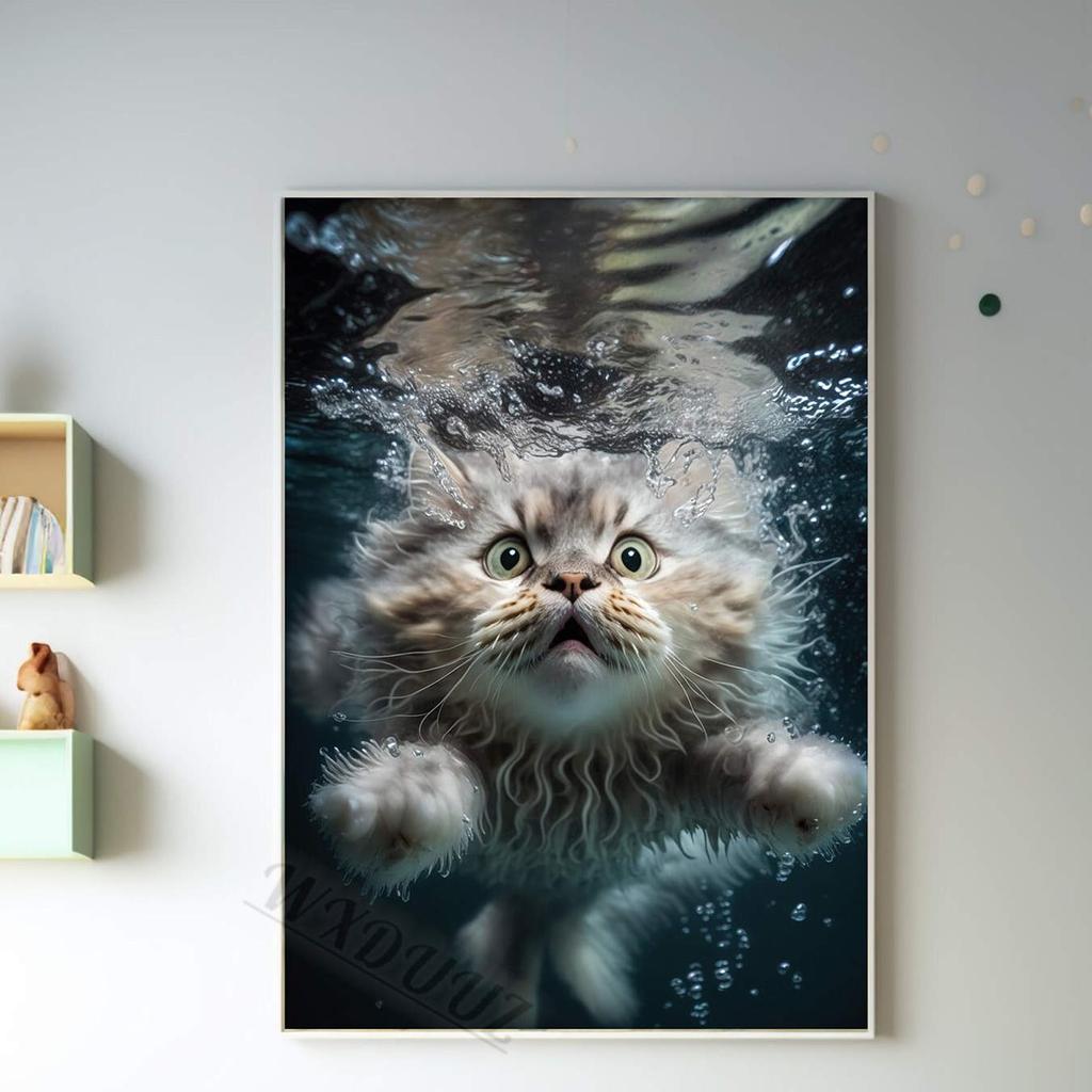 Funny Cute Swimming Cats Pictures For Cat Lovers Room Living Canvas Painting Art Home Wall Decor Print Aesthetics Posters Gift