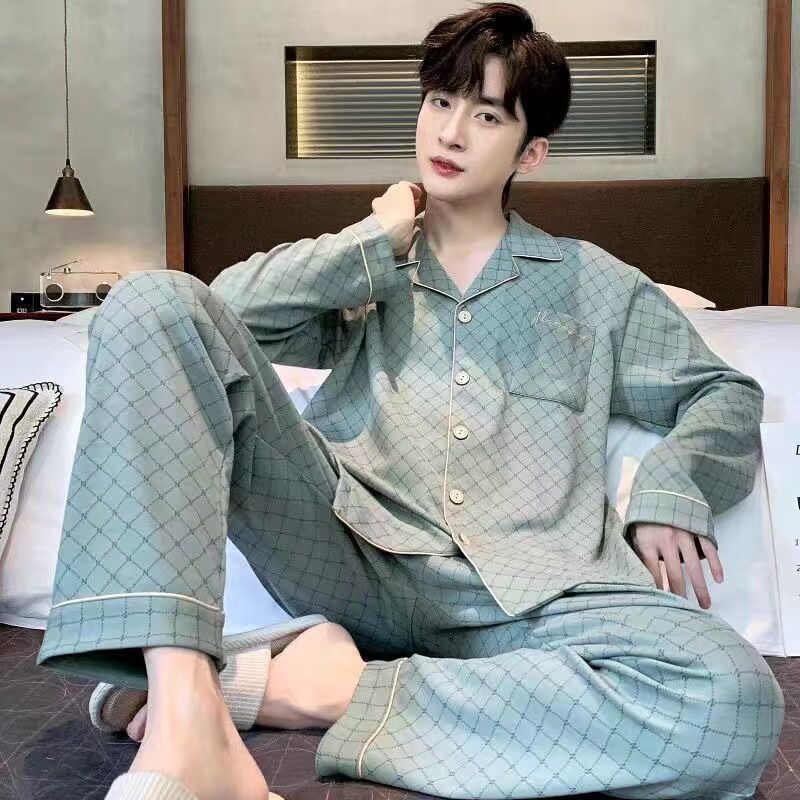 Мужской пижамный комплект из 100% хлопка с длинными рукавами, больших размеров, в стиле кардигана, на весну, осень и лето.