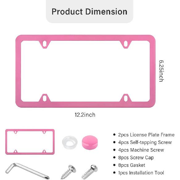 2PCS Colorful Car License Plate Frames With Gaskets Screws & Caps,Stainless Steel 4 Holes License Plate Holder Fits U.S. Standard,Universal Car