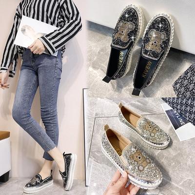 Модные новые женские туфли с круглым носком и блестящим бриллиантовым плюшевым мишкой, женские туфли на толстой подошве, повседневные женские туфли-одиночки, туфли Le Fu