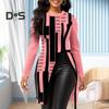 Women Autumn Winter Geometric Print Blouse O Neck Long Sleeve Side Split Hem Mid Length Pullover Tunic Tops Streetwear