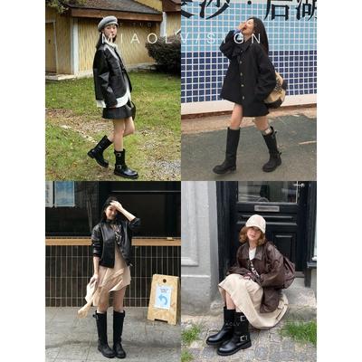 Коровья кожа~ Натуральная кожа ботинки рыцарские на толстой подошве женские ботинки с пряжкой ремня осенне-зимние ретро длинные сапоги широкое голенище тонкие высокие сапоги