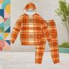 Girls Orange Plaid Printed Hooded Long Sleeve Kangaroo Pocket Top Cuffed Pants Two Piece Outfit