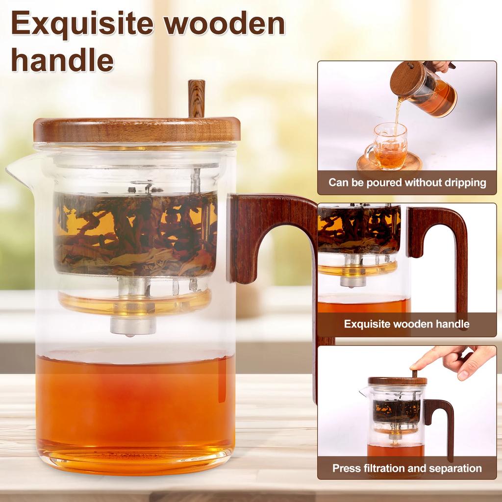 Water Separation Glass Teapot with Wood Handle Leak Proof Glass Tea Infuser Teapot Easy To Clean Tea Water Separation Teapot