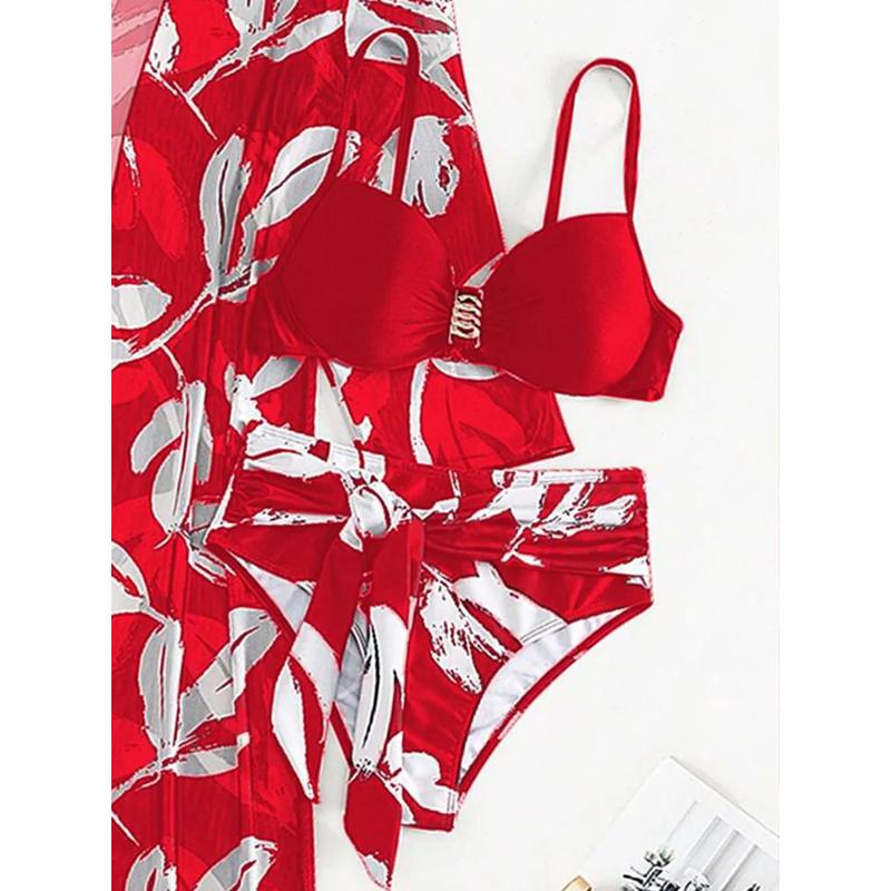Бикини пуш-ап с принтом растений и кимоно, прикрытый купальник, женский купальник с длинным рукавом, комплект бикини из трех предметов, купальный костюм