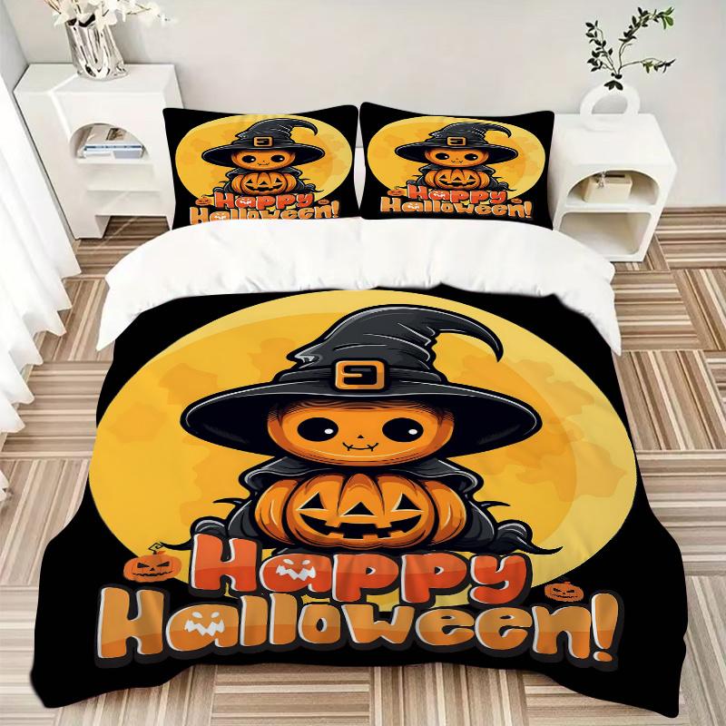 3pcs Happy Halloween With Cute Pumpkin Printed Quilt Set - Soft and Comfortable Quilt Cover for Bedroom, Guest Room and Dormitory Decorative Bedd