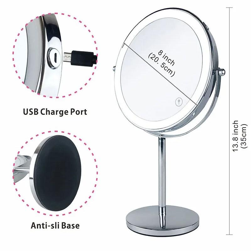 8-дюймовое светодиодное зеркало для макияжа с 10-кратным увеличением, с 3-цветной подсветкой, сенсорным переключателем, двухстороннее, с USB-зарядкой, настольное косметическое зеркало для туалетного столика