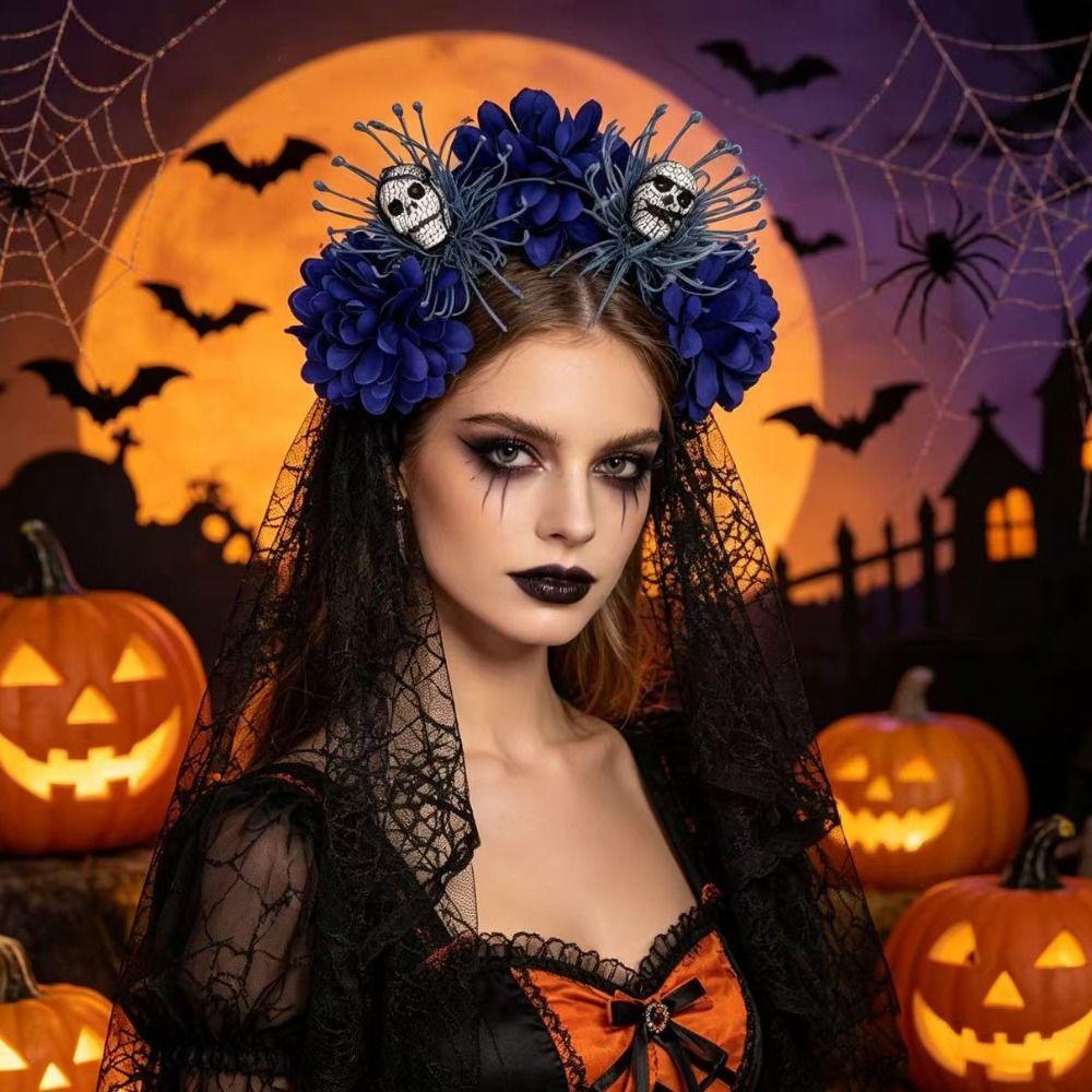 Dark Purple Skull Headband Lace Veil Gothic Hairband Stylish Skull Headwear Halloween Party