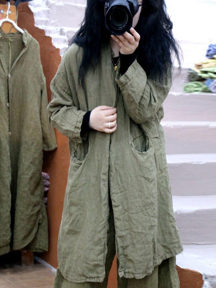 Johnature Women Linen Casual Loose Coats Solid Color Simple Korean Style Long Sleeve Clothes Spring Button Coat