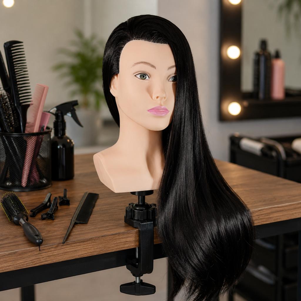 Training Head with Bust Alicja 80 Black, Thermal Hair + Handle, Hairdressing For Combing, Exercise Head