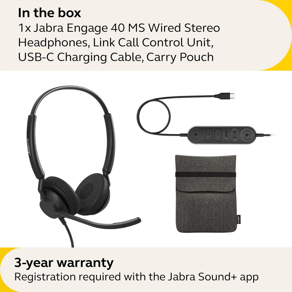 Jabra Engage 40 Проводная стерео гарнитура с микрофоном на проводе для звонков, шумоподавление, совместимая с MS Team, другие черные наушники, управление, 2-микрофонная технология, ультралегкая