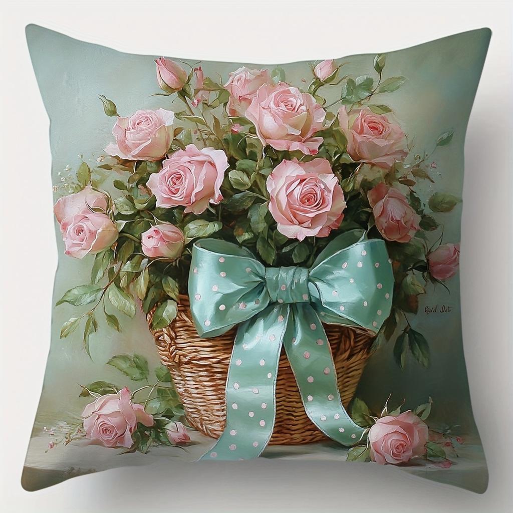 Pink Rose And Polka Dot Bow Pattern Home Decor Pillowcase Living Room Sofa Polyester Cushion Cover With Zipper