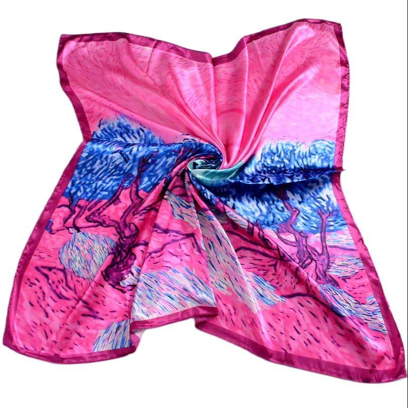 [BYSIFA] Темно-розовый шелковый шарф-шаль Дизайн «Новый восход» Квадратные шарфы Модный головной платок 90*90 см Весенний женский атласный шарф Сали