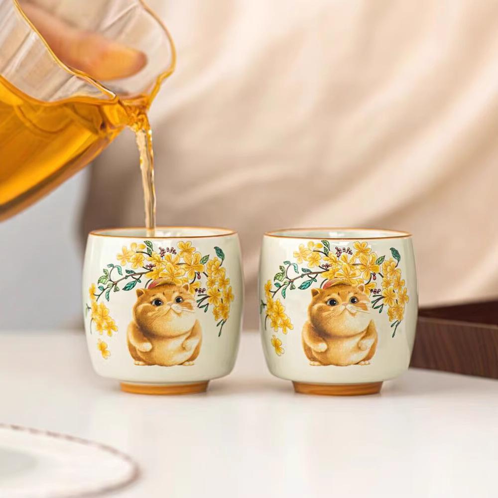 Plant Ash Happy Hanhan Cat Teacup Ceramic Household Master Cup Single Cup Tea Kung Fu Tea Set Gift Box Gift