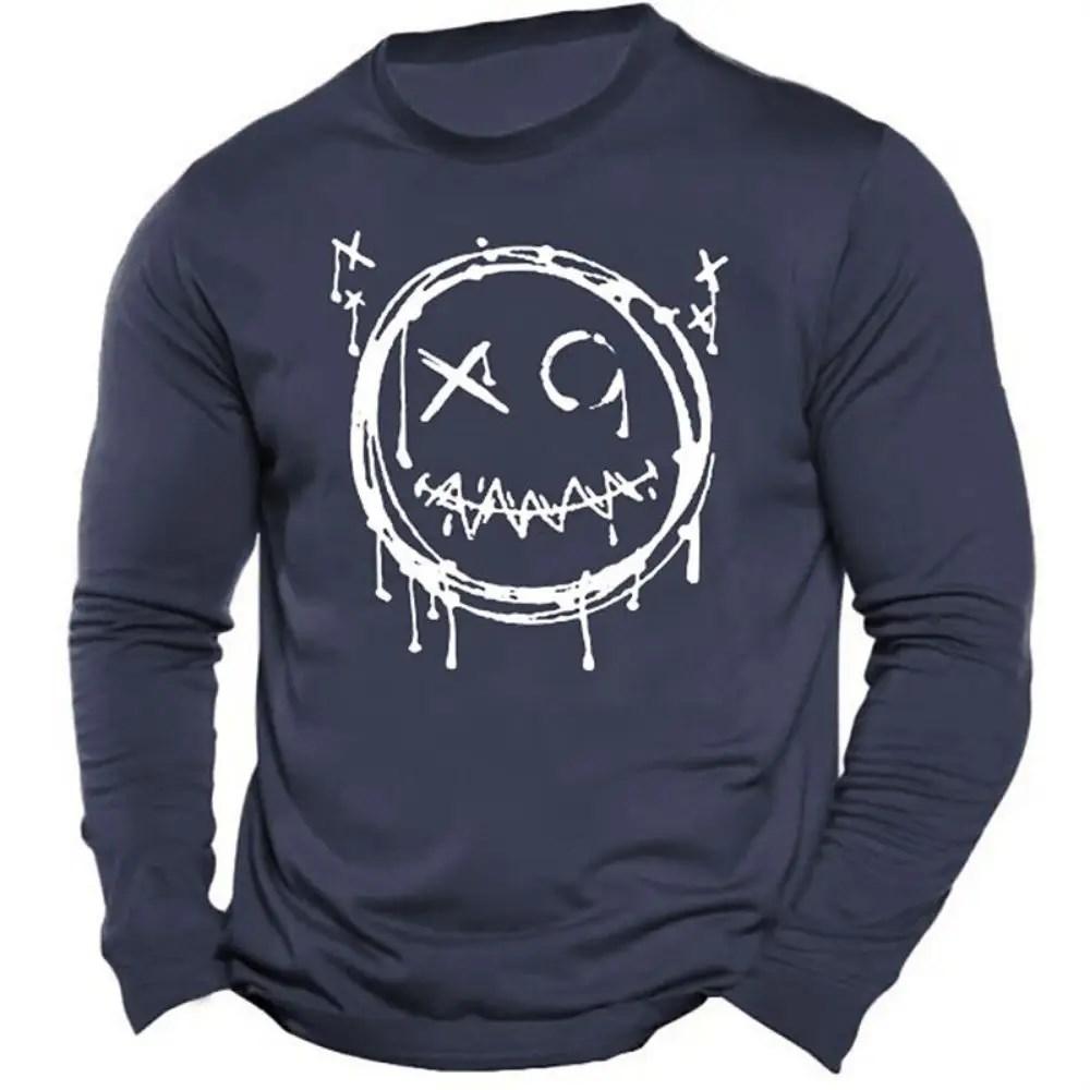 Футболка с длинным рукавом с 3D-принтом и рисунком смайлика для мужчин, простая мода, с объемным круглым вырезом и длинным рукавом