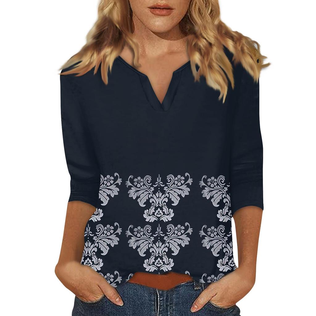 Women's Stand Collar 3/4 Sleeve Printed Top T-shirt