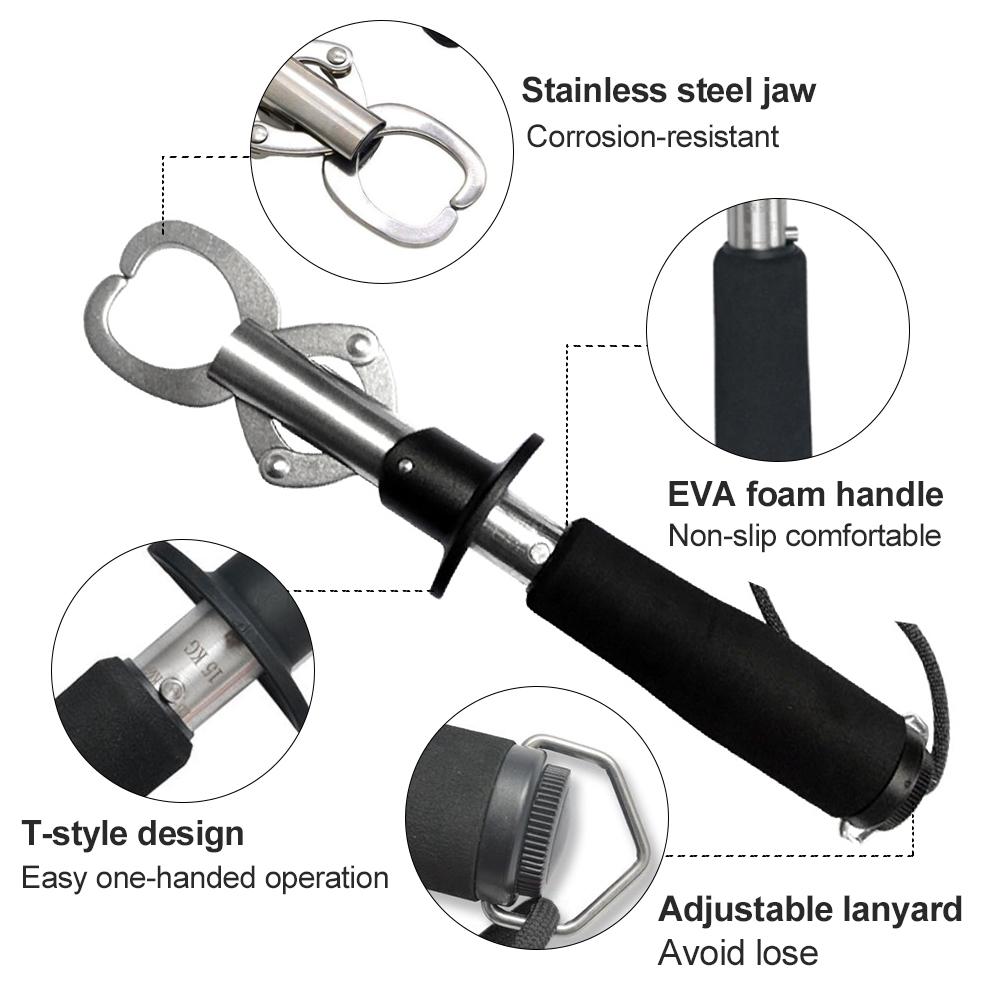 Захват для рыбьих губ из нержавеющей стали с эргономичной ручкой и страховочным шнурком.