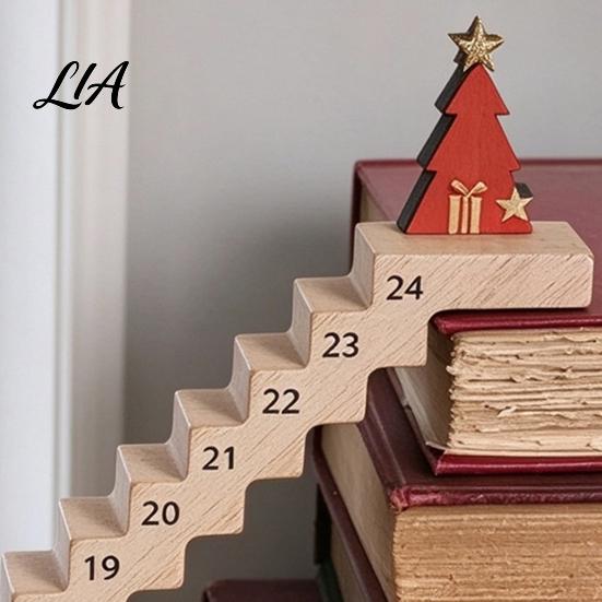 Santa Claus Tabletop Ornament Christmas Staircase Countdown Calendar, Wooden with Advent Calendar for Home Doll, 24 Days Holiday Bookshelf Display