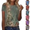 Women's Fashion Casual Short Sleeve Flower Print Round Neck Pullover Top Blouse