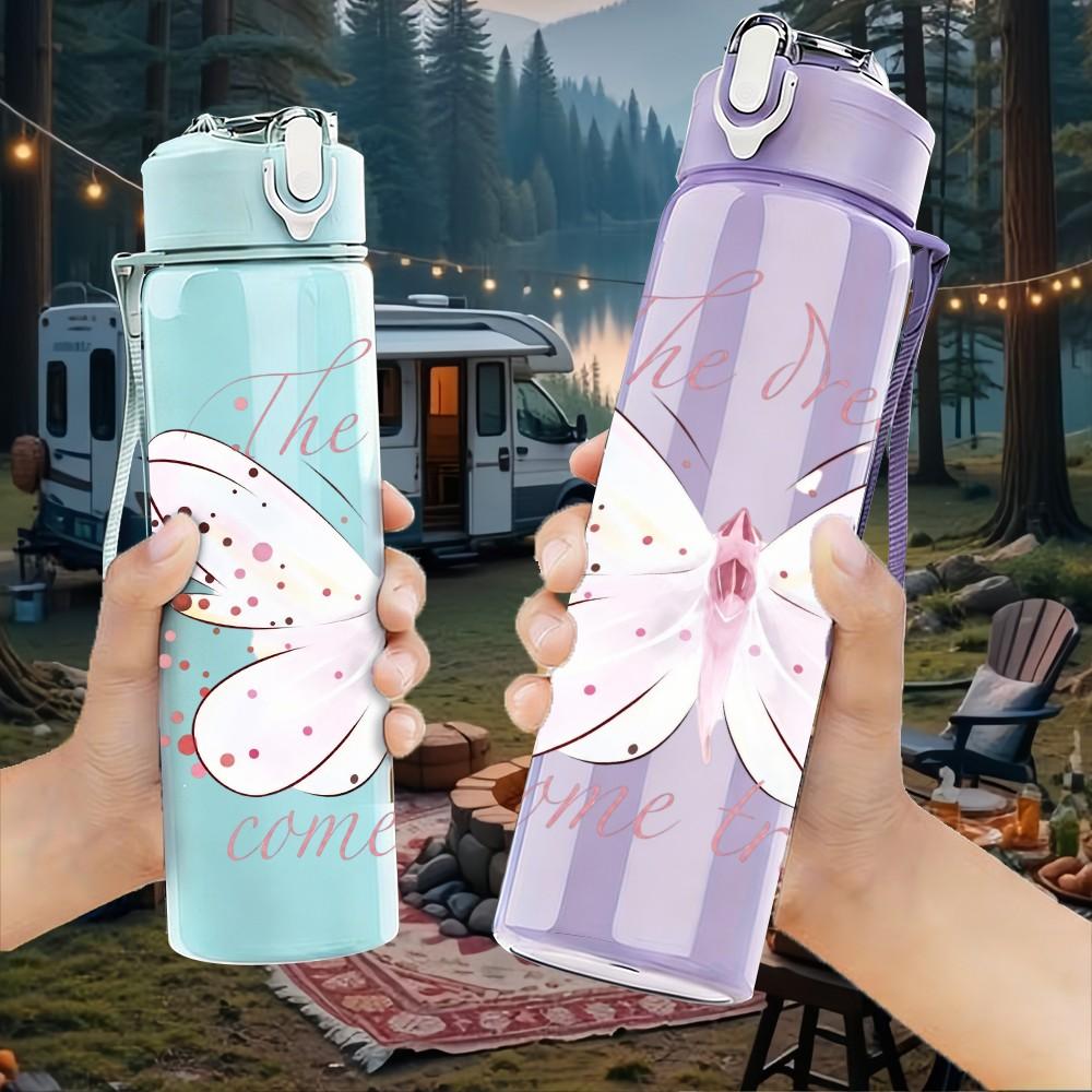 1PC Light Pink Butterfly Floral 750ml Color Plastic Sports Water Bottle Leakproof Flip Straw Lid Suitable for Sports Office Home Use
