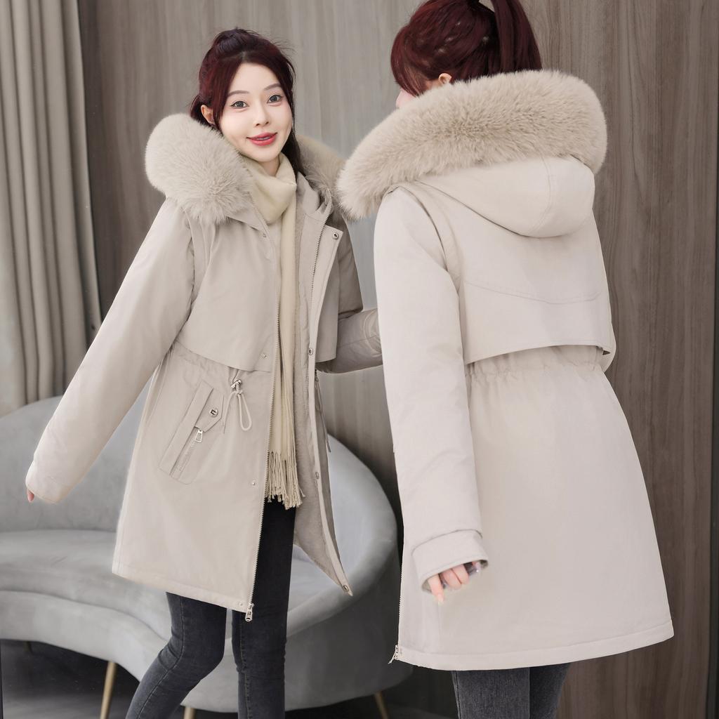 New Autumn and Winter Parka Mid-length Cotton Jacket with Removable Sleeves Hooded Large Wool Collar Cotton Jacket
