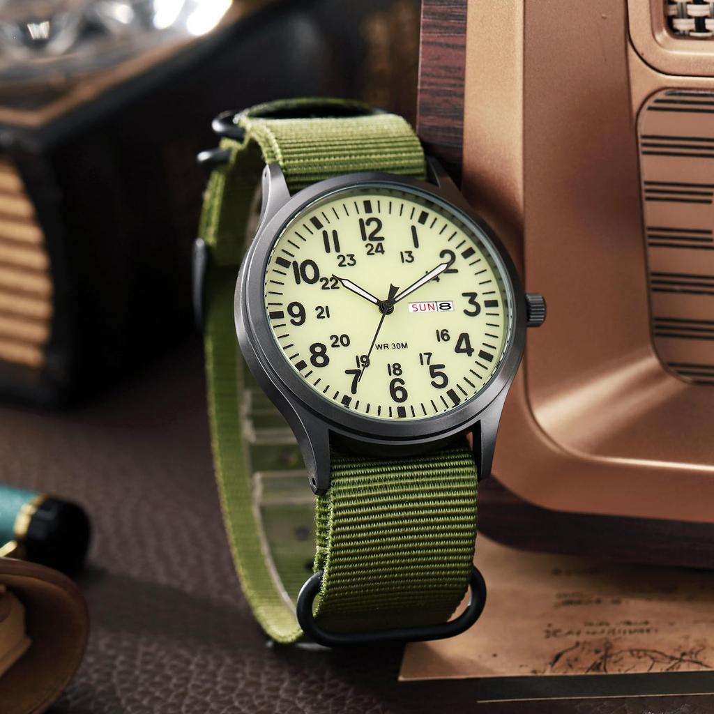 Часы для активного отдыха, кварцевые, с аналоговым дисплеем, нейлоновые, с календарем, светящимся индексом, датой, днем недели, большим циферблатом, водонепроницаемые, зеленого цвета, с днем рождения