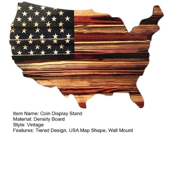 Challenge Coin Display Stand Wooden American Flag USA Map Shape Coin
