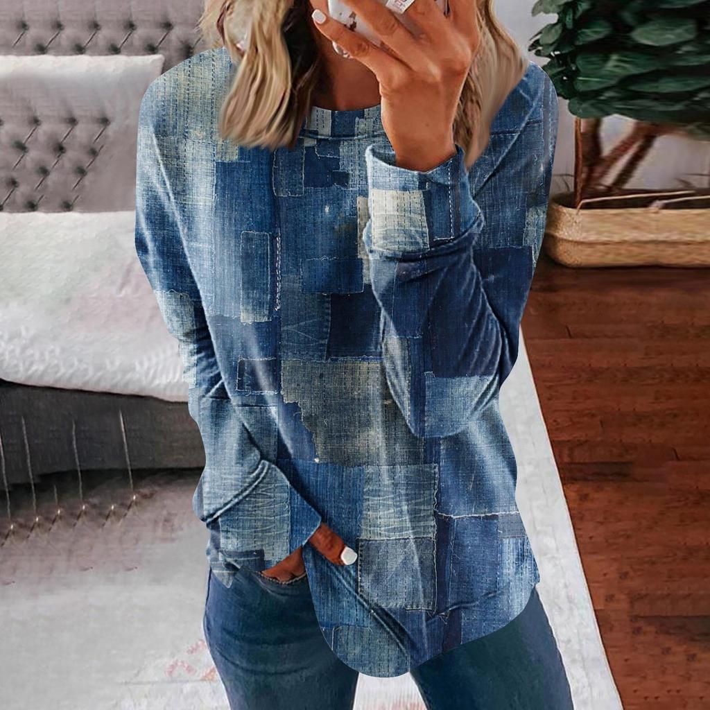 Женские топы с круглым вырезом, хлопковая женская повседневная модная блузка с длинным рукавом и круглым вырезом с цветочным принтом, пуловер