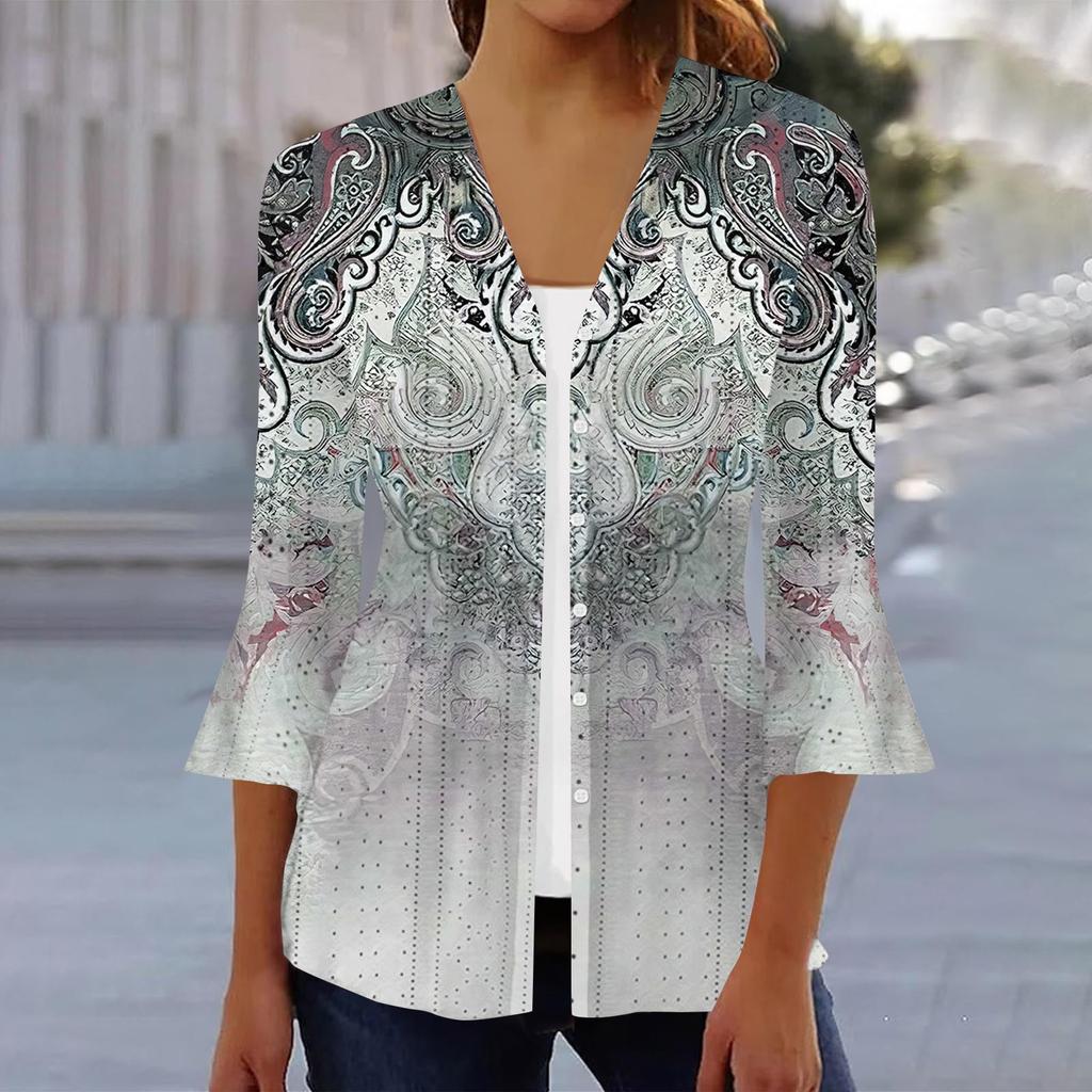 Women's Fashion Loose Casual Printed Three-quarter Sleeve Button Shirt Cardigan Top