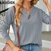 JKAASHDK Women's Fashion Casual Summer Spring Solid Color Print Long Sleeve V-Neck Blouses & Shirts