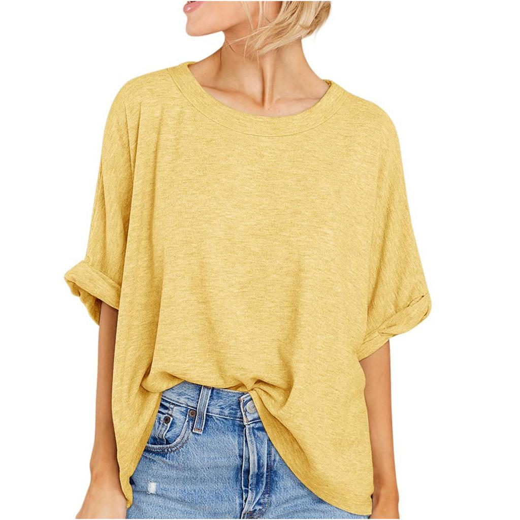 Women's Short Sleeve Dressy Solid Color Loose Top Summer Round Neck Loose Casual T-Shirt