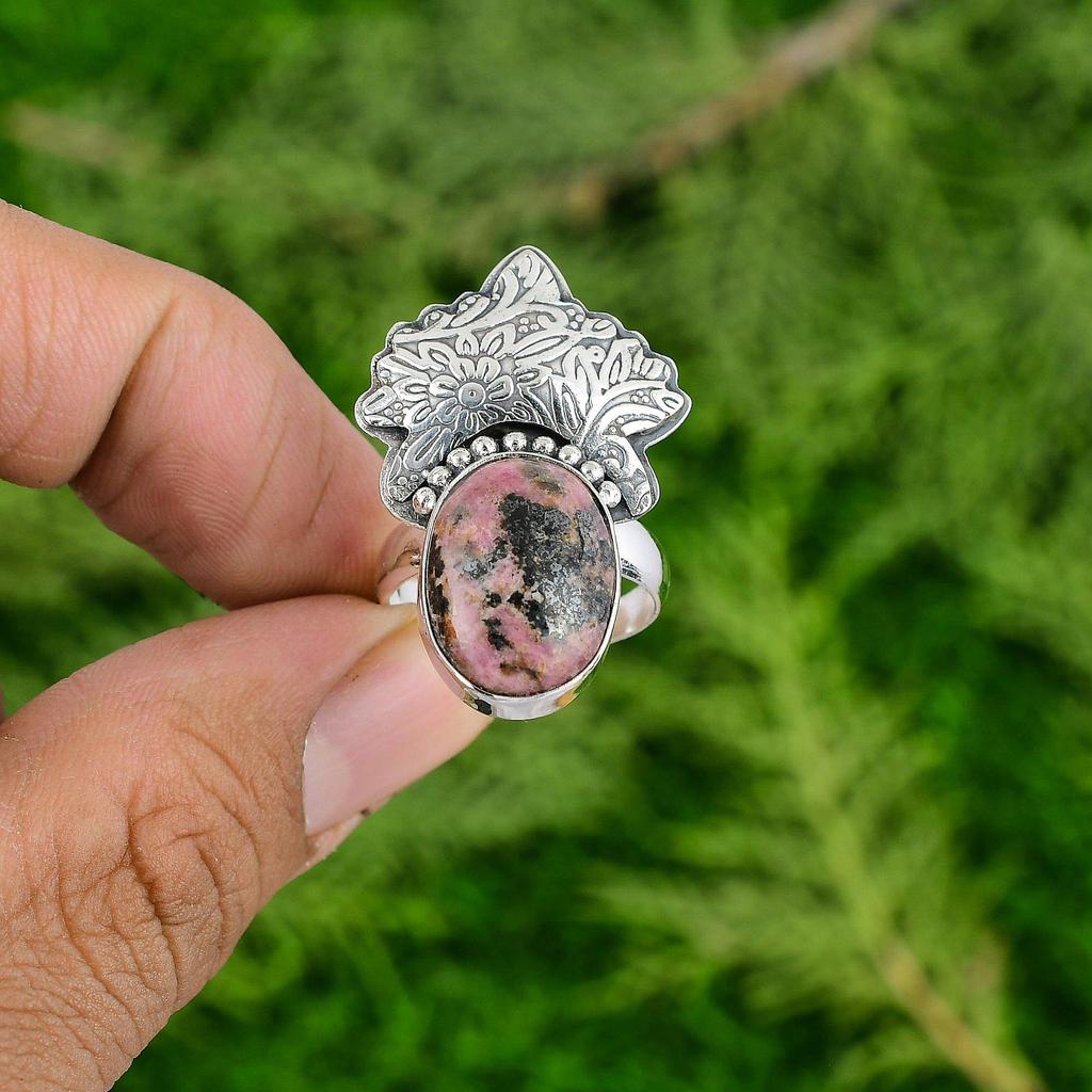 Oval Natural Rhodonite Solitaire Statement Heart Chakra New Ring Sterling Silver