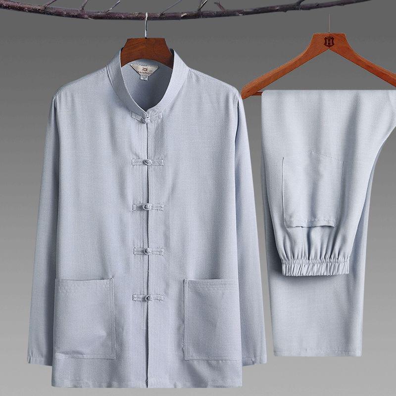 Костюм Тан для мужчин среднего и пожилого возраста — рубашка и брюки в китайском стиле ханьфу с длинными рукавами (Весна/Лето, Тайцзи)