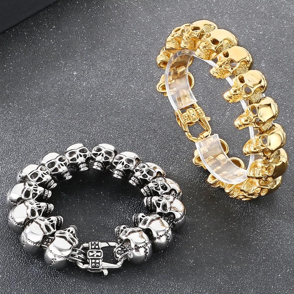 Мужской готический браслет с головой скелета, винтажный хип-хоп, из нержавеющей стали, звеньевая цепь, браслет на запястье для мужчин, вакуумное покрытие, панк-рок ювелирные изделия