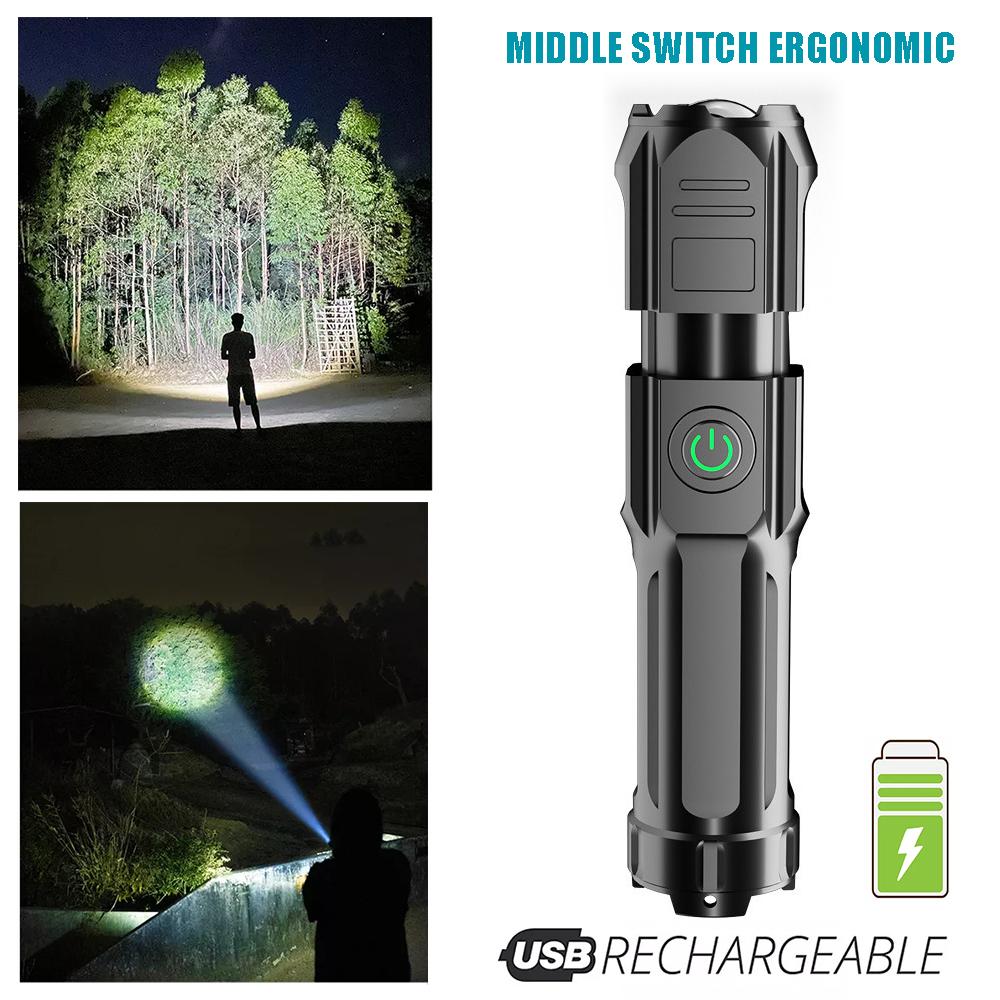 USB Rechargeable Led Flashlight Telescopic Zoomable Tactical  Torch Portable Spotlight Long-Range Flood Camping Flashlights